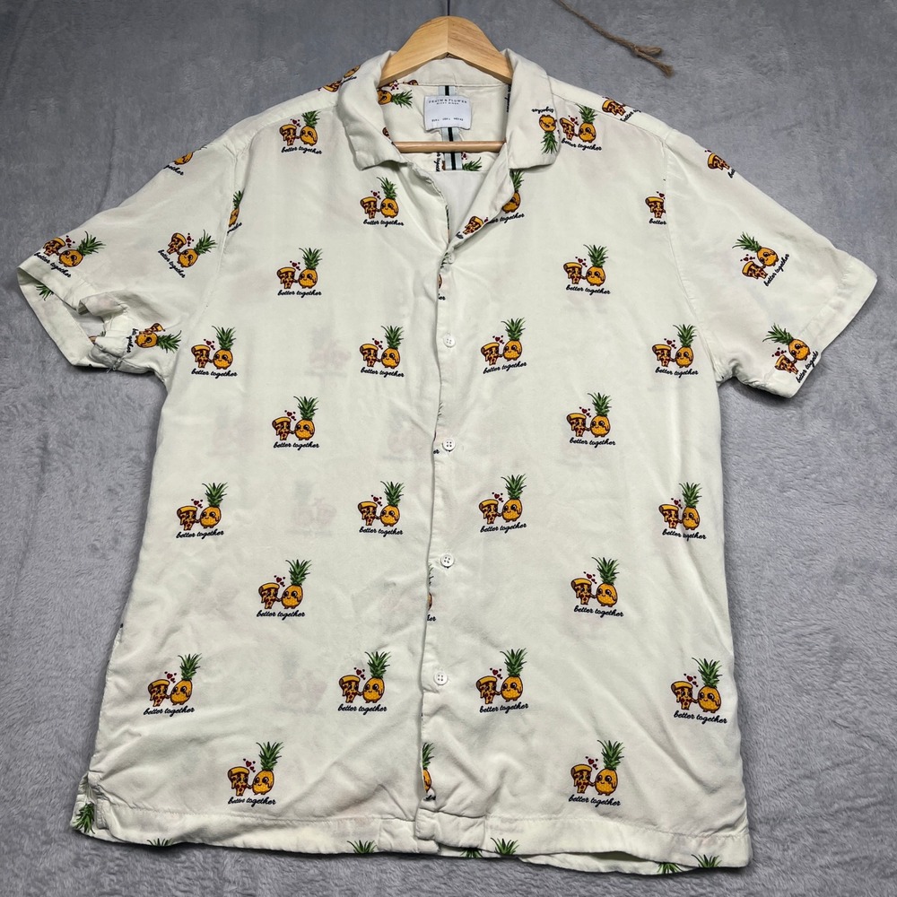 Denim & Flower Button Down Women Cream Pizza Pineapple Better Together Shirt L